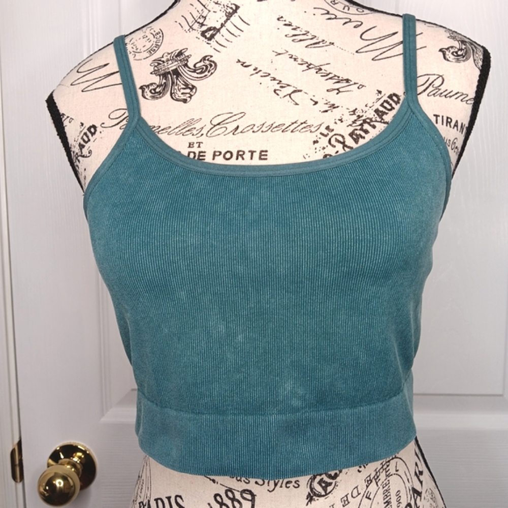 H&M Women's Ribbed Crop Cami Top Dark Teal Size M Fitted Stretch Tank